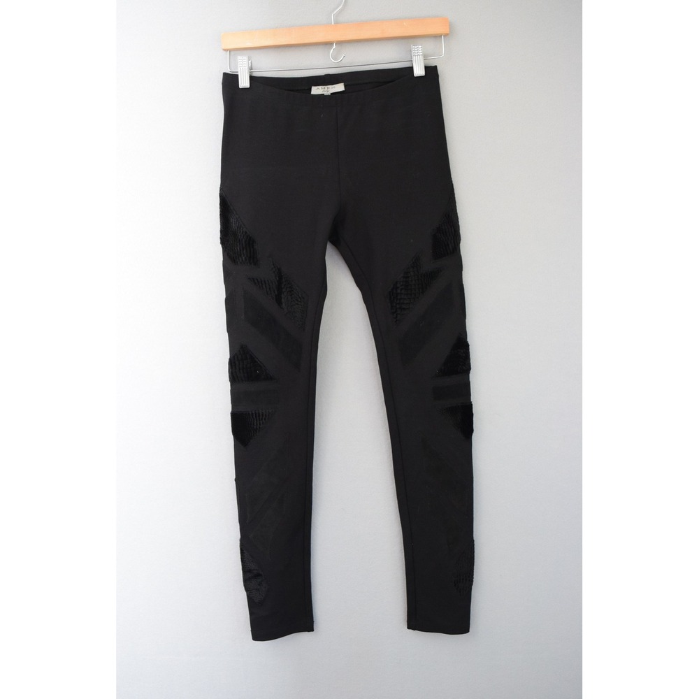 Amen Italy Pants Fitted 40 4 S Black Geometric Velvet Leather Women Avant Garde